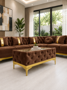 Luxury Brown Velvet <b>Curved</b> Sectional Sofa Set with <b>Coffee</b> <b>Table</b> Tufted Gold Metal Legs Living Room Decoration Contemporary Sofa - Product Image 3
