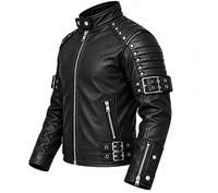 Veste de moto en cuir véritable noir pour homme avec fermeture éclair, boucles réglables, coupe ajustée, style motard, à porter en automne et en hiver