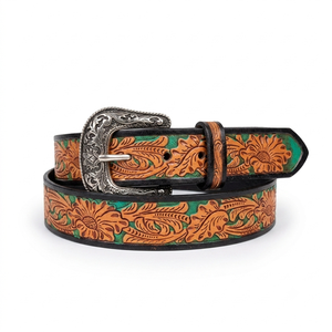 Ceinture en cuir pleine fleur de style western, faite sur mesure, colorée, sculptée et peinte à la main, avec boucle en laiton gravée de motifs floraux. - Product Image 2