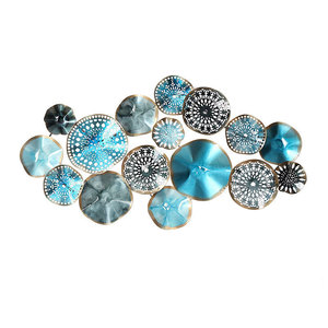 Modern Luxury Metal <b>Wall</b> Art <b>Decor</b> 3D Blue Gold Lotus <b>Leaf</b> Hanging Sculpture Iron Crafts For Home Living Room Hotel Decoration - Product Image 1