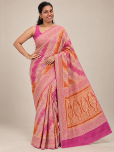 Robe Saree Longue Moderne en Coton Banarsi Rose Orange à Séchage Rapide pour Femme, Tenue Ethnique Festive LoomIndia - Product Image 1