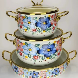 Ensemble de casseroles en émail floral avec couvercles en verre, poignées rondes en alliage de zinc durable, lavage à la main uniquement - Product Image 4