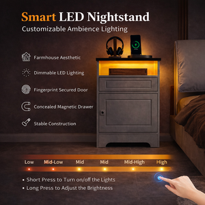 ELVROGEST SA Smart Multifunction <b>LED</b> Nightstand Fingerprint Lock Modern Farmhouse Design <b>Bedside</b> <b>Table</b> Storage Drawer Ambient - Product Image 4