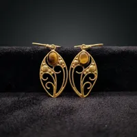 Boucles d'oreilles pendantes en laiton œil de tigre naturel, style bohème, filigrane, pierres précieuses, vente en gros