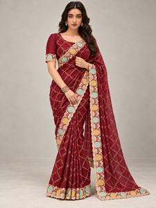 Sari en mousseline de soie bordeaux avec bordure brodée, motif géométrique en filet, séchage rapide, toutes saisons, sari de mariage traditionnel pour femmes - Product Image 1