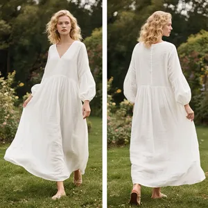 Women White Cotton Maxi <b>Dress</b> V Neck <b>Long</b> Sleeve Loose Fit Flowy <b>Boho</b> Style <b>Dress</b> - Product Image 3