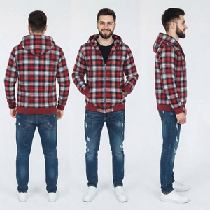 Men's Plaid <b>Flannel</b> Zip-Up Hoodie Casual Zipper Hooded Sweatshirt With Side Pockets 100% Cotton Plaid Hooded Zipper <b>Top</b> - Product Image 5
