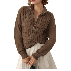 Pulls pour femmes Automne Hiver 2026 à quart de zip décontractés en tricot torsadé côtelé - Product Image 1
