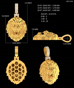 Pendentif visage de lion en or jaune 14 carats et argent sterling 925 avec diamant de laboratoire et moissanite pour homme OEM ODM - Product Image 5