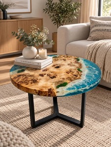 Mesa de Comedor Redonda Hecha a Mano con Resina, Mesa de Centro de Madera Epoxi con Diseño de Olas Oceánicas y Playa - Product Image 3