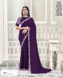 SILSILA <b>Black</b> Crape <b>Satin</b> Silk Saree With Embroidered Border Floor-Length Elegant Women's Wedding Wear Size S To XL - Product Image 3