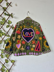 Handmade Green <b>Velvet</b> Suzani Embroidered <b>Jacket</b> with Floral Heart Pattern Full Sleeve Stand Collar <b>Women's</b> Winter Outerwear - Product Image 2