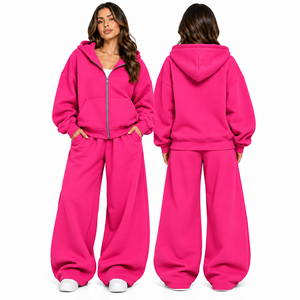 Ensemble de survêtement athleisure rose pour femme, 2 pièces, couleur unie, sweat-shirt à capuche zippé et pantalon large, style streetwear, best-seller - Product Image 1
