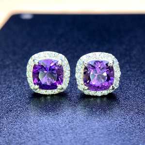 Boucles d'oreilles en améthyste naturelle, argent sterling 925 ou or 14 carats, halo de pierres précieuses violettes, bijoux de mariage, cadeau de mariée pour elle - Product Image 1