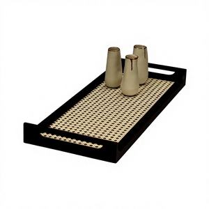 Plateau de service rectangulaire en bois, design imitation rotin, MDF noir. Idéal pour la décoration intérieure. Plateau en MDF imitation rotin pour la décoration de la maison. Craftera exporte. - Product Image 1