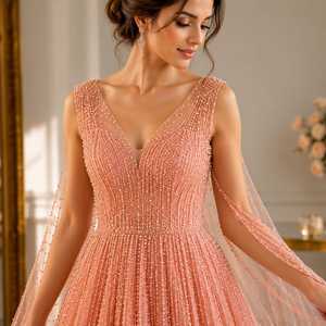 Peach Pearl Beaded Evening Gown for Women Elegant V Neck A Line Floor Length Formal Prom <b>Dress</b> <b>with</b> <b>Cape</b> Sleeves <b>Wedding</b> Gown - Product Image 2