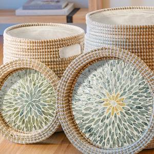 Panier à linge en jonc de mer avec couvercle en nacre, paniers de rangement décoratifs tissés à la main pour salon, chambre et salle de bain - Product Image 5