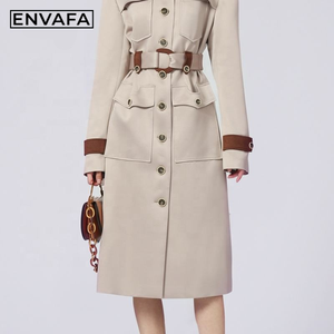ENVAFA Gabardina para mujer, color sólido, cuello en V, manga larga, cierre de botones, transpirable, resistente al viento, elegante, largo, para todas las estaciones - Product Image 4