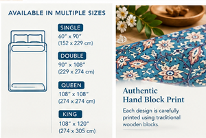 Juego de Sábanas de Algodón Estampadas a Mano, Diseño Floral Azul Verdoso con Paisley, Incluye Fundas de Almohada, Estilo Boho Indio - Product Image 4