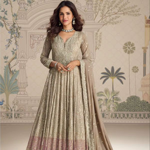 Traje Anarkali de Georgette de Talla Única con Bordado de Lentejuelas, Elegante y Largo hasta el Suelo, para Bodas, Diwali, Fiestas - Secado Rápido - Product Image 1
