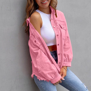 Nuevas sudaderas de mezclilla para damas, color rosa, manga larga, cierre de botones, bolsillo frontal, estilo urbano. - Product Image 5