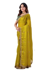 Sari indien traditionnel en soie de chiffon RN, vert, avec blouse brodée et dupatta jaune, pour mariage et fêtes, longueur standard pour femme - Product Image 3