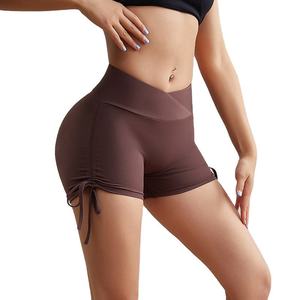 Shorts de sport pour femmes, taille haute, en tricot, spandex, polyester, séchage rapide, coupe ajustée, couleur unie, avec décoration en rubans - Product Image 5