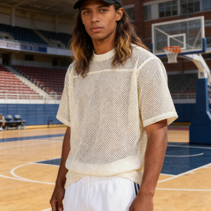 T-shirt en maille tricotée surdimensionné pour homme, manches courtes, col rond, respirant, couleur unie, 100% coton, blanc - Product Image 2