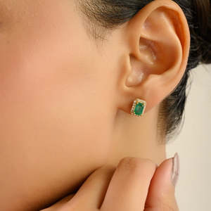 18K Gold Moissanite Emerald Halo Diamond Stud <b>Earrings</b> Set for Wedding Gift - Product Image 1