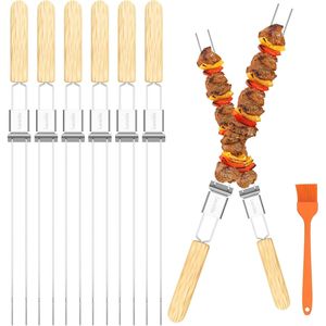 Brochetas Planas de Acero Inoxidable de Doble Punta con Mango de Madera de 17 Pulgadas, Reutilizables, Herramientas Largas de Metal para Asar a la Parrilla - Product Image 1