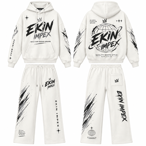 ชุดเซ็ตฮู้ดดี้และกางเกงวอร์มผู้ชาย/ผู้หญิง Ekin Impex สีขาว ผ้าฝ้ายฟลีซ ล้างสีแบบแอซิดวอช 460 กรัม แห้งเร็ว สไตล์สตรีทแฟชั่นฤดูหนาว สีพื้น เรียบง่าย สบายๆ - Product Image 3