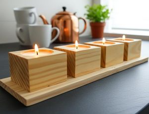 Wooden <b>Tealight</b> Candle <b>Holder</b> with Tray – 4 Slot Square Tea Light Stand | Natural Wood Centerpiece for Dining Table, Home - Product Image 3