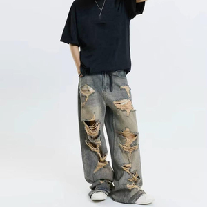 Cheap Streetwear <b>Men's</b> Stonewashed Embroidery Denim <b>Jeans</b> Baggy Straight Wide Leg Pants - Product Image 6