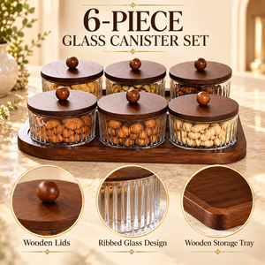 Six Piece Glass <b>Canister</b> <b>Set</b> Wooden Lids Tray Ribbed Jars for Nuts Snacks Dry Fruits Kitchen Storage | Elegant Pantry Organizers - Product Image 4