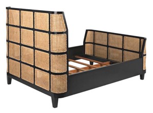Modern Rattan Headboard <b>Bed</b> Frame Wooden Bedstead Black and Natural Panel <b>Bed</b> for Hotel Home Bedroom - Product Image 4