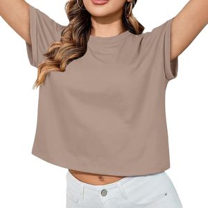 T-shirts unis durables beige taupe en polyester léger à manches dolman, hauts courts décontractés de haute qualité pour femmes - Product Image 1