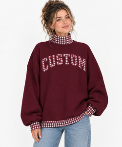 Sweat-shirt rose à col montant pour femme, avec appliqué personnalisé à carreaux vichy et lettrage, pull en polaire oversize, fournisseur en gros - Product Image 4
