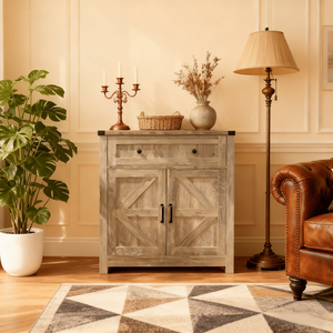Mobiletto/Credenza Grigio Chiaro in Legno Lavato Stile Rustico con Ante Scorrevoli, Cassetto e Bar Caffè per Cucina e Soggiorno - Product Image 2