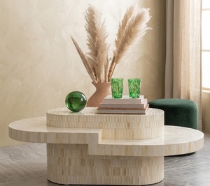Table basse moderne en acier à l'aspect pierre, table centrale ronde, ensemble de tables d'appoint à niveaux pour salon - Product Image 1