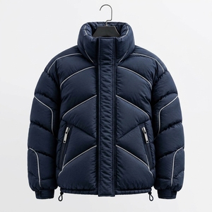Chaqueta acolchada azul marino para hombre con ribetes reflectantes, cuello alto, cierre completo y aislamiento para invierno y actividades al aire libre. - Product Image 1