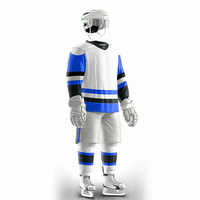 Set Jersey Hoki Es Pria Putih Biru Hitam Bergaris Sublimasi Penyerap Keringat Pendek Regular Fit Pakaian Dewasa Kustom Tim