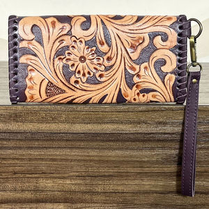 2026 New Hot Selling Floral Hand Tooled Leather Clutch for Women's Cowhide Fur Leather Card Holder Luxury Wristlet Wallet <b>Purses</b> - Product Image 6