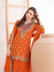 Traje Salwar de seda Chinon listo para usar, con bordado de diseño, trabajo de codificación de secuencias y trabajo de diamantes con espejo, completamente cosido. - Product Image 4