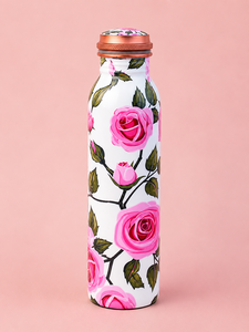 Bouteille d'eau en métal imprimée de roses roses florales avec couvercle en cuivre, gourde de voyage portable - Product Image 2