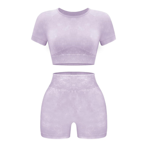 Conjunto Deportivo de 2 Piezas para Mujer, Tejido Crema, Top Corto de Manga Corta, Pantalones Cortos de Cintura Alta, Color Sólido, Transpirable, Primavera Verano - Product Image 3
