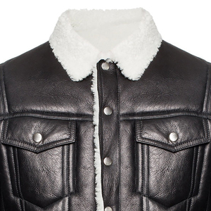 Custom Wholesale Men Black Genuine Sheepskin Leather <b>Jacket</b> White Faux Fur <b>Shearling</b> Collar Winter Warm <b>Bomber</b> Trucker Coat - Product Image 4