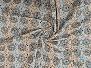 Tissu en coton brodé à motif floral médaillon marron et bleu sur fond blanc, broderie sur toute la surface, très demandé, pour confection de robes - Product Image 2