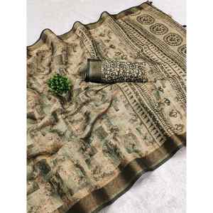 DISEÑADOR ALGODÓN IMPRESIÓN DIGITAL TRABAJO SAREE CON BOLUSE SIN COSTAR VERDE - Product Image 1