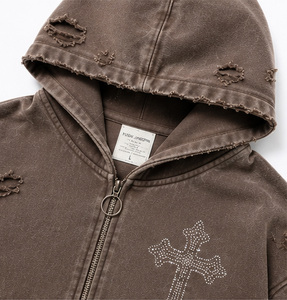 Sweat-shirt à capuche zippé oversize pour homme, marron délavé, avec poche brodée en croix, en coton French Terry, style automne - Product Image 4