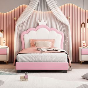 Letto a piattaforma singolo bianco e rosa con testiera e pediera a corona, letto imbottito per bambini stile principessa - Product Image 1